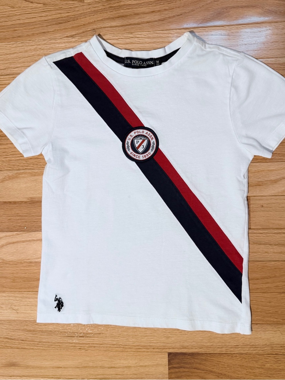 U.S. Polo Assn. White Kids Tee with Red & Navy Diagonal Stripe